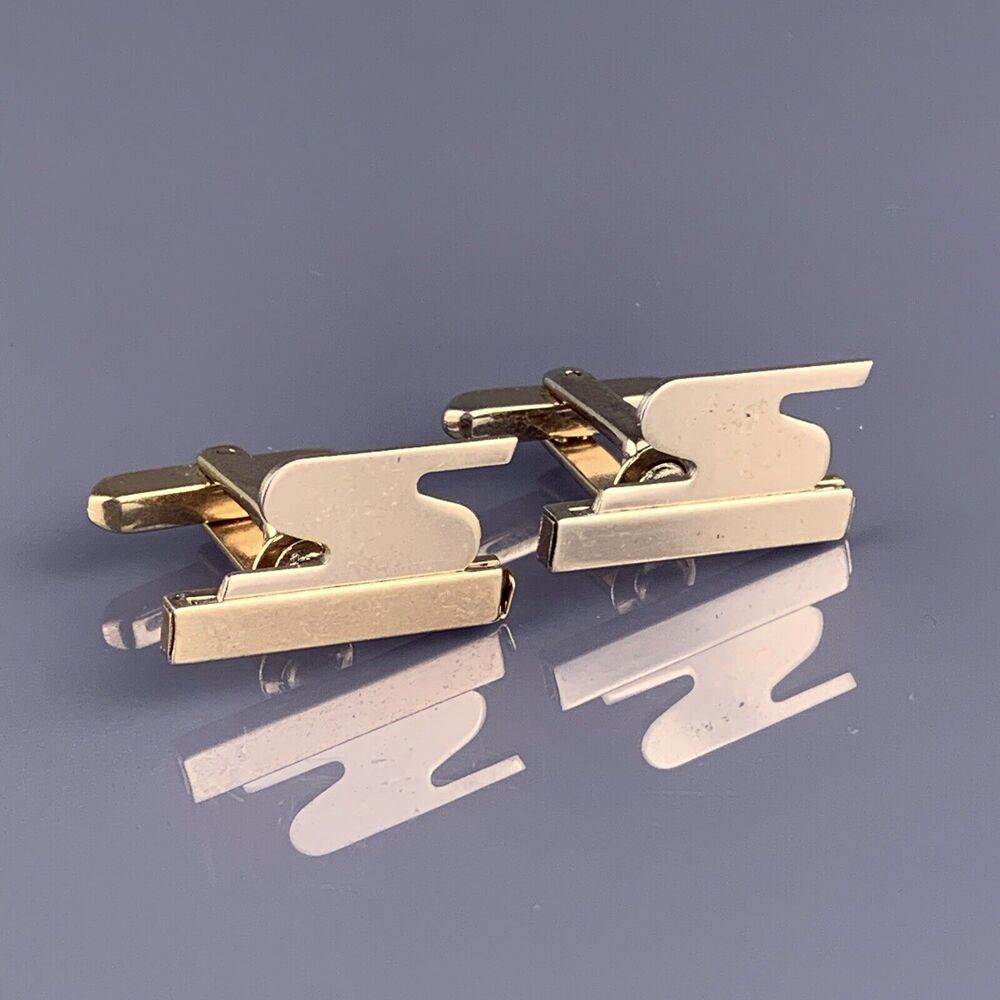 S Initial Block Font Cufflinks Gold Tone Monogram Mid Century Hickok Vintage